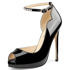 Eithy Women’s Black Patent Platform High Heels with Rhinestone Ankle Strap